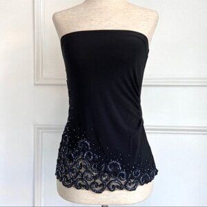 Amanda Adams Couture Black Strapless Hand Beaded Top Embroidered Lace Panel Sz M